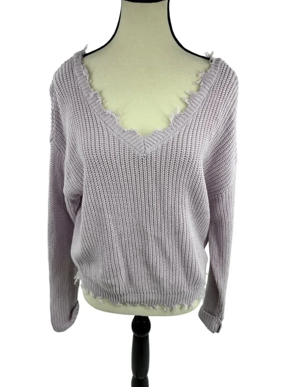 Moon & Madison Womens Lavender Distressed V-Neck Rib Knit Sweater Size L